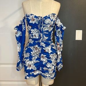 Blue floral print off the shoulder dress